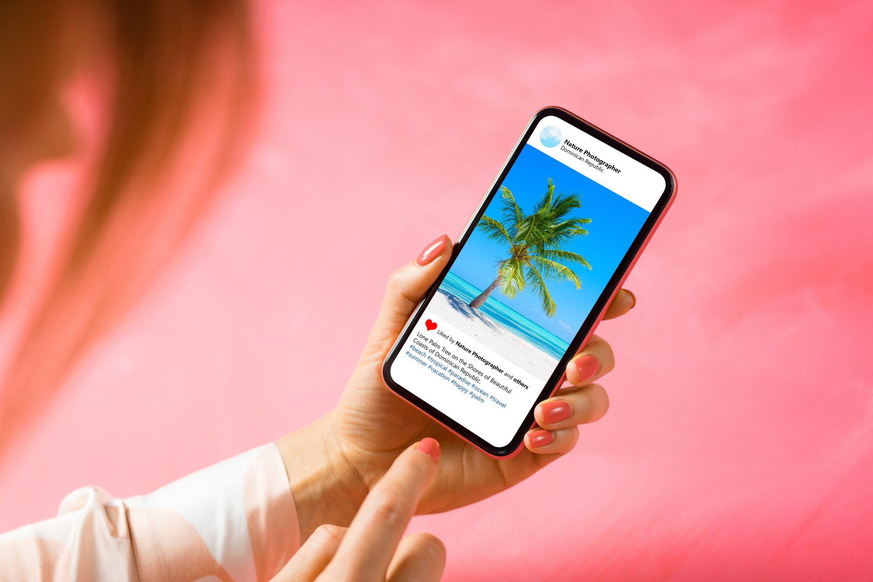 Woman Viewing Beach Photo Posted on Social Media